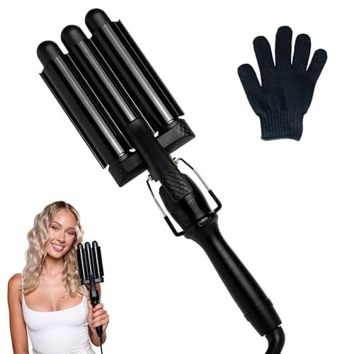 Mermade PRO Hair Waver 1" - 3 Barrel Curling Iron 1 Inch, Ceramic Barrel Waver for Thick, Thin, Long, or Short Hair - Black with Glove