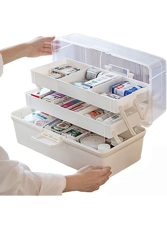 aid kit, three-layer plastic medicine storage cabinet, portable transparent medicine folding storage box with lock and handle, 14.6x7.5x7.1in