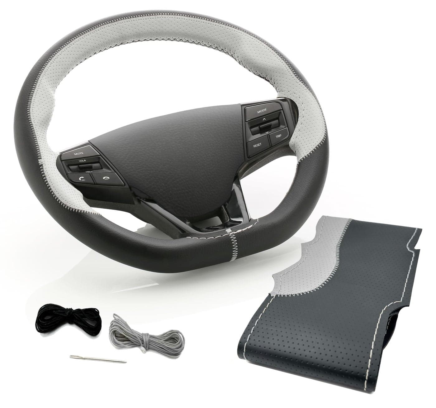 SOFT X Stitching Type Steering Wheel Cover Faux Leather, Sewable, Breathable & Anti-Slip with Sewing Needle & Threads- Premium Handmade Fit Suitable for Tata Altroz, Silver & Black