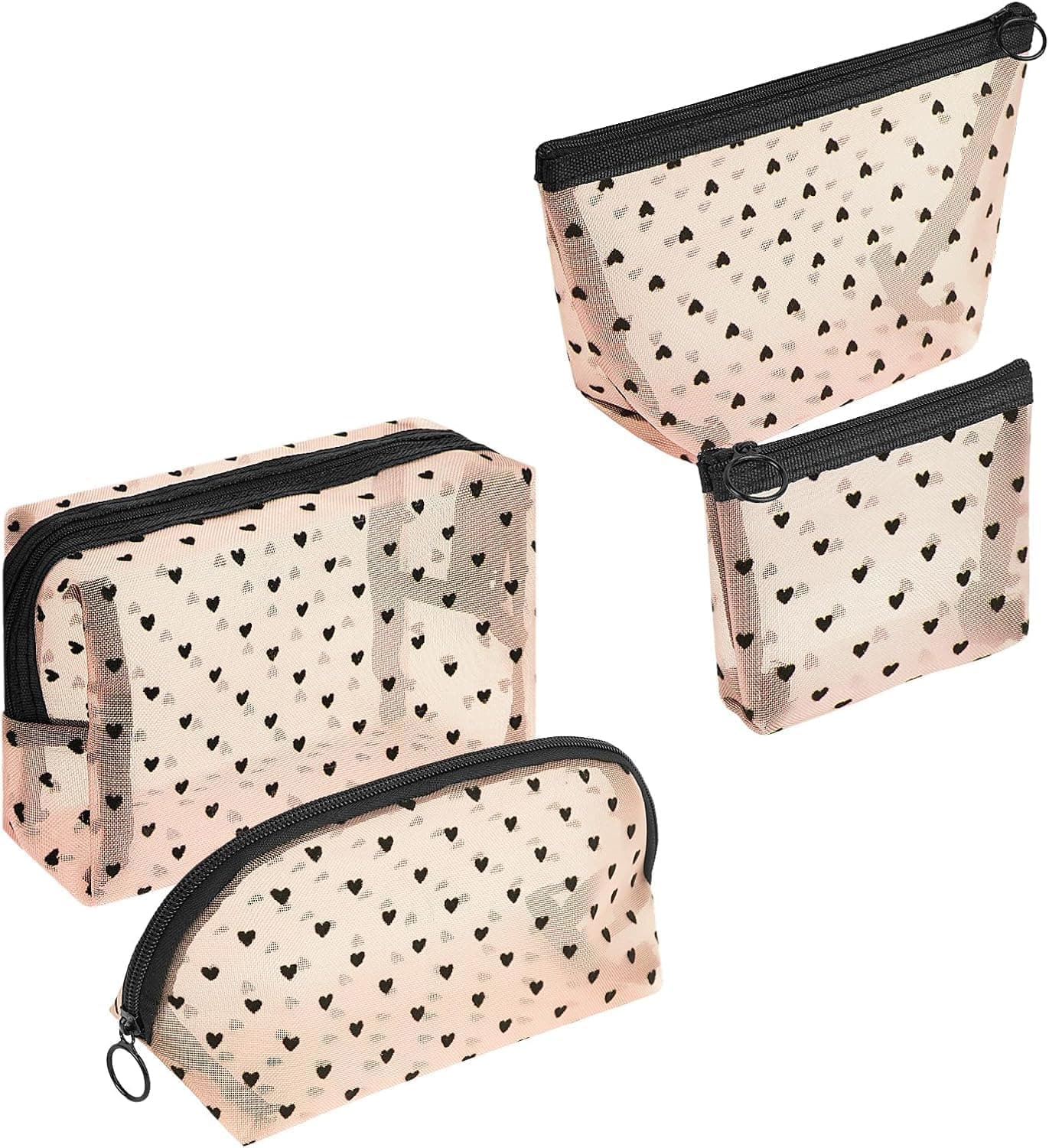 Heart Print Mesh Makeup Bags,4 Pieces Mini Zipper Mesh Cosmetic Toiletry Bags for Women,Portable Travel Makeup Accessories Organizing Pouches,Small Coin Iewelry Storage Pouch