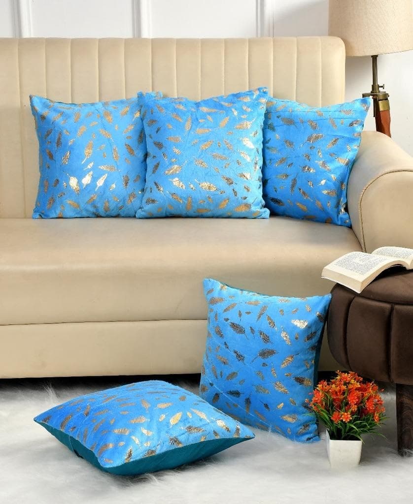 HOMECROWN 16x16 Inch Velvet Cushion Covers Set of 5 Pcs, Soft Decorative Faux Fur Throw Pillow Covers with Golden Feather Print for Sofa, Couch, Bed, Living Room - Aqua Blue-250 TC