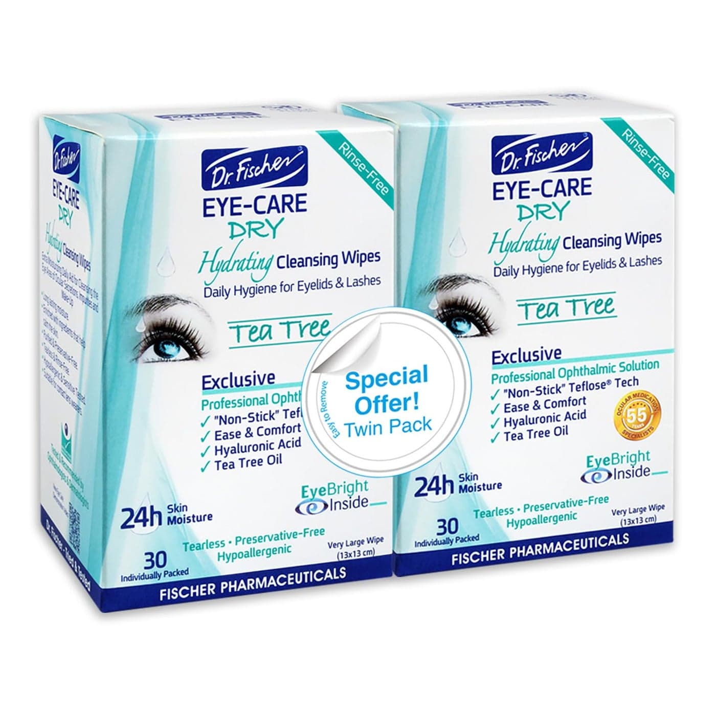 Dr Fischer Tea Tree Eyelid Wipes for Dry Eyes Gentle Eye Wipes for Everyday Eye Conditions and Hypoallergenic Makeup Remover 60 Wipes