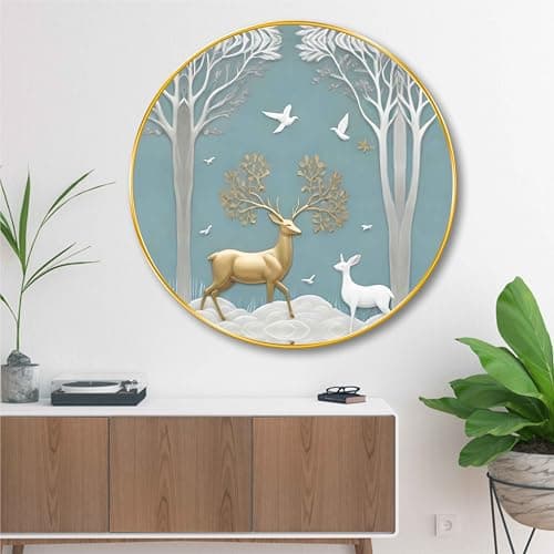 SAF Golden and White Deer Round Wall Painting – Modern Nature-Inspired Art with Birds and Trees | Elegant Golden Frame Wall Décor for Living Room Bedroom Office (16 X 16 Inch) GRM-269