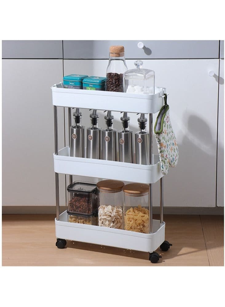 3 Tier Rolling Utility Cart Storage Shelves With Roller Wheels Organizer Shelf For Kitchen Bathroom Office Living Room, Storage Holders & Racks White