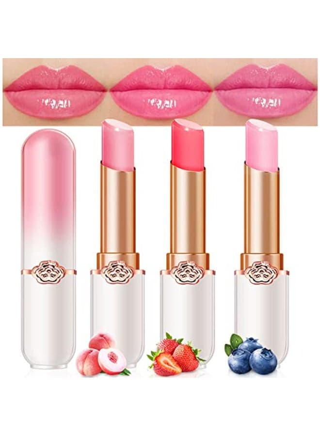evpct 3Pcs Magic Color Changing Lipstick Long Lasting Waterproof 24 Hours Original for Women Peach Strawberry Blueberry Pink PH Mood Permanent Color Changing Lipstick Lip Balm Gloss labial magico