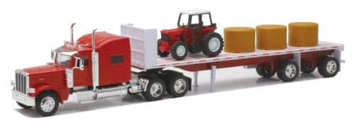NewRay Peterbilt 389 with Hay and Farm Tractor Playset 132 Scale Model Toy Vehicles 10293A Red