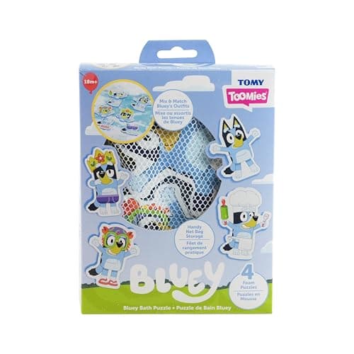 Tomy Toomies Bluey Bath Puzzle - Mix and Match Bluey Puzzle - Foam Toddler Bath Toys - Includes Mesh Bag Bath Toy Storage with Suction Cups - 8 Count - 18 Months and Up