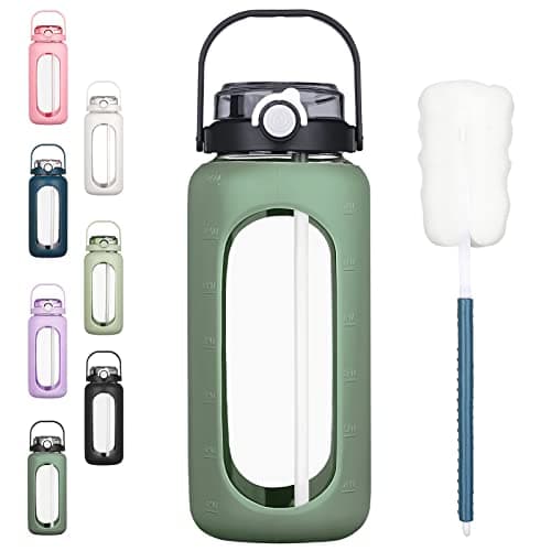 BLUEGO 64oz Glass Water Bottles with Straw Time Marker Half Gallon Large Motivational Water Bottle with Silicone Sleeve 2 Liter Large Glass Water Jug for Gym Sports Workout Daily Olive