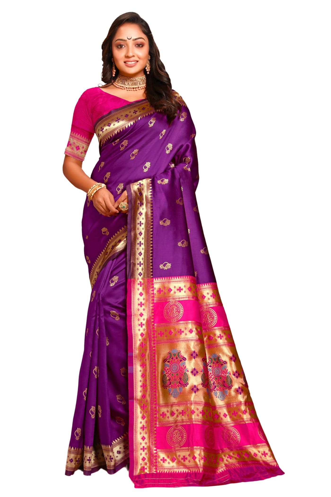 C J Enterprise Women's Banarasi Saree Pure Kanjivaram Silk Saree Soft Design Wear Pattu Sarees Latest Cotton With Blouse Piece for Wedding sadi new ladies 2025 (Nath paithani) (Purple-Pink)