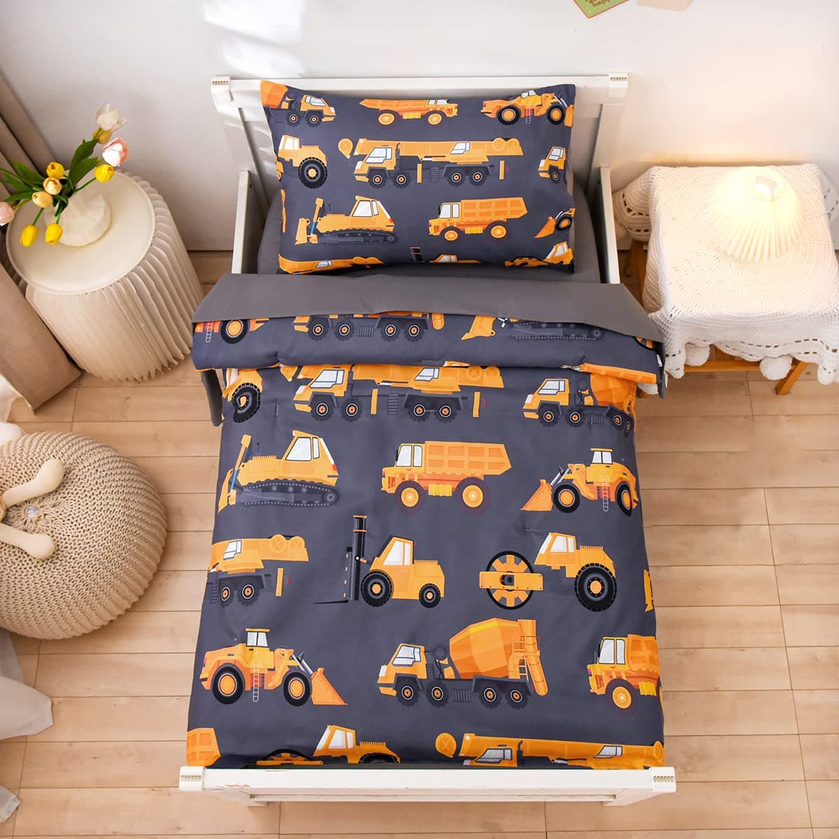 NTBED 4 Pieces Construction Toddler Bedding Set for Baby Boys Truck Vehicles Excavator Cars Printed Includes Comforter Flat Sheet Fitted Sheet and PillowcaseGrey