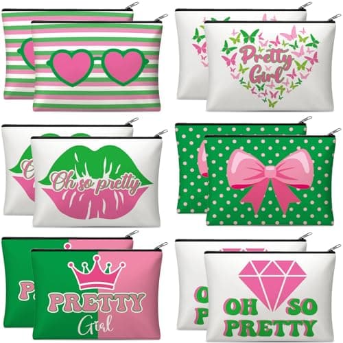 Reginary 12 Pcs Pink and Green Sister Makeup Bags Greek Sorority Cosmetic Bags Pretty Girl Zipper Pouches Black Sorority Gifts for Women Birthday