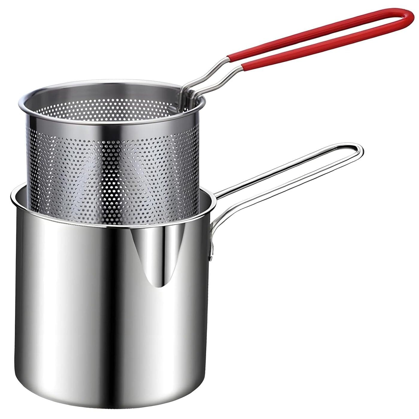 DPCRStainless Steel Deep Frying Strainer Oil Basket With Fryer Tong French Fries Basket Fry Pan Deep Fryer Food Strainer Colander Potato Chips Rack Mini Mesh Pot Chicken Fryer For Kitchen