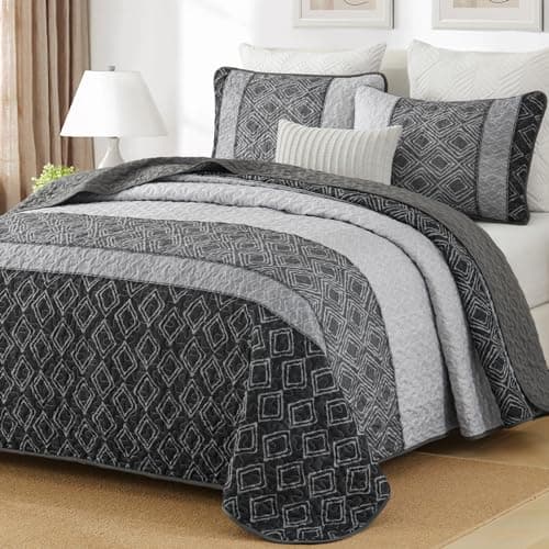 Cottolester Boho Quilt Set Full Size 3 Pieces,Grey Striped Plaid Bedspread,Soft Microfiber Bedding Set with 2 Pillow Shams 78"x90"