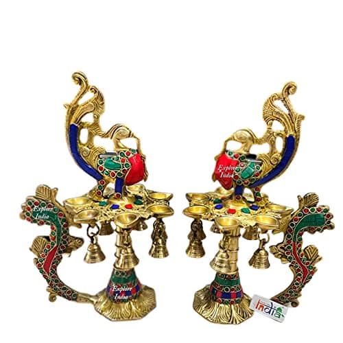 Brass Peacock Design Diya Set with Bell | Peacock Stand Diyas | Gifting Idol | Traditional Multi Gemstone Handwork Diyas | Weight - 4.6 Kg, Colour - Multi