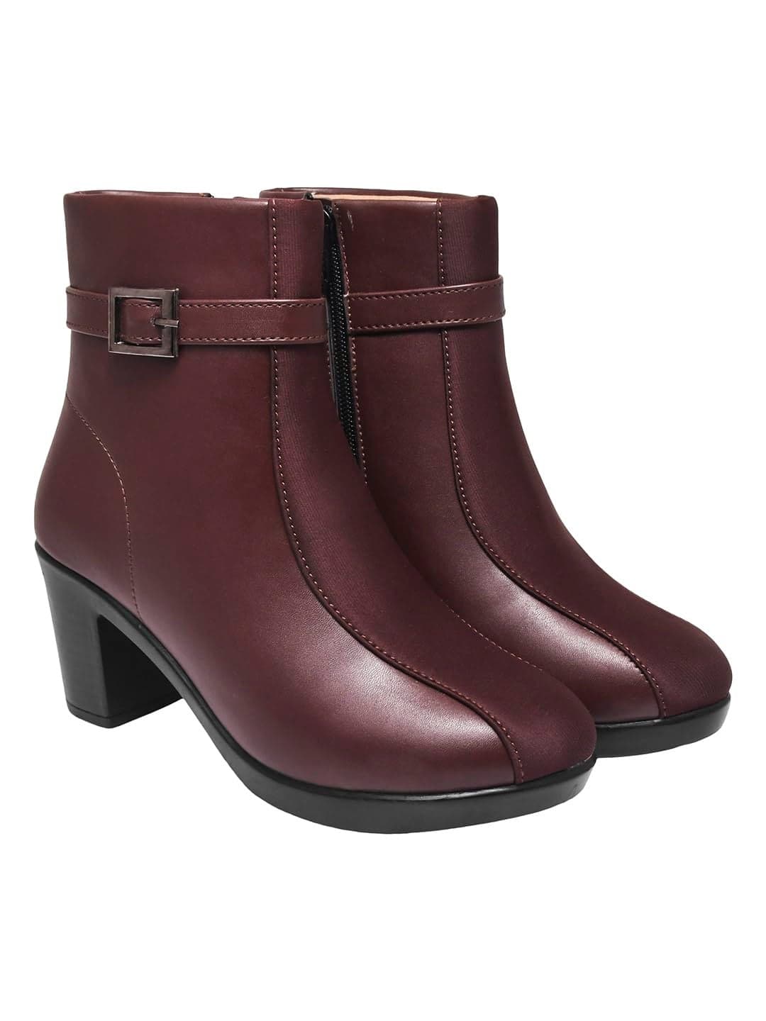 Women's Brown Faux Leather Ankle Boots with Mid Heel and Buckle Strap || Side Zipper Comfort Booties for Fall & Winter EU40