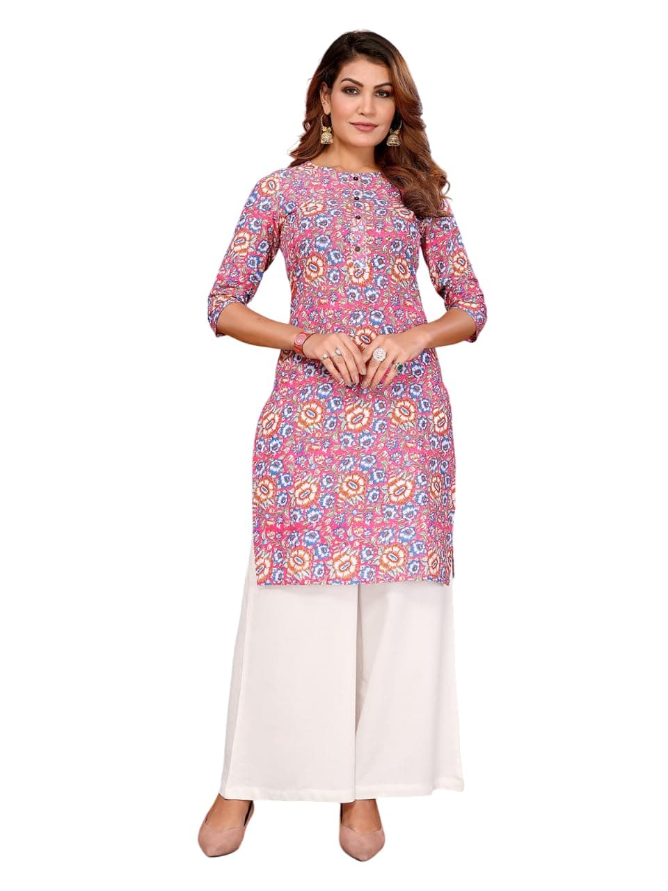 rangita Pink Cotton Straight Printed Knee Length Kurti | Kurta for Women_M