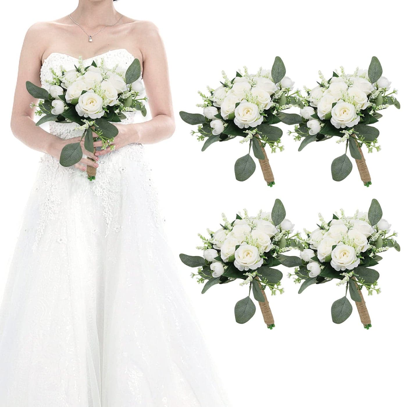 HOMENERGY Set of 4 Bridesmaid Bouquets for Wedding 7 Inch Artificial Ivory Flower Bouquet for Party Ceremony Anniversary Dinning Table Centerpieces Decor Ivory