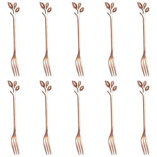 AnSaw 10-Piece Rose Gold Mini Leaf Dessert Forks Set - 4.7" Elegant Stainless Steel Fruit, Appetizer, Cake & Salad Forks - Perfect for Cocktail Parties & Home Use