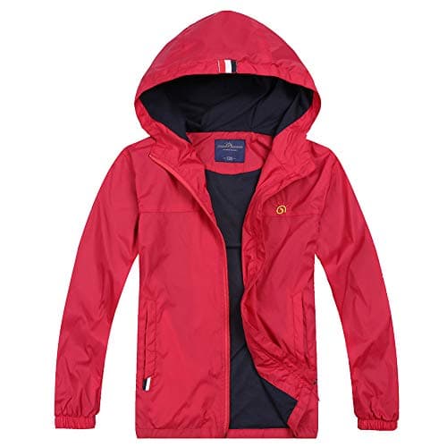 Jingle Bongala Boys Girls Lightweight Breathable Raincoat Waterproof Hooded Rain Jacket Windbreaker Easy to Fold-Red-160