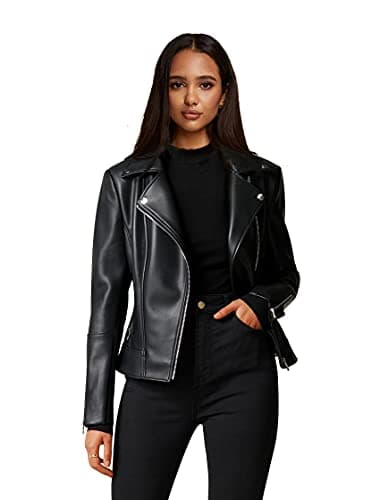 Athlemo Womens Faux Leather Motorcycle Jackets Classical Black PU Slim Short Biker Coats