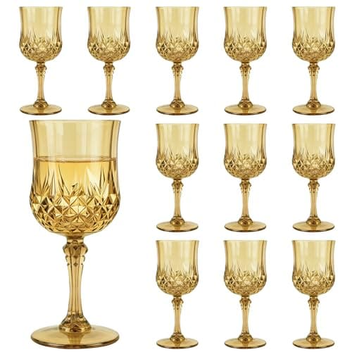 LEYIQU Plastic Wine Glasses, Plastic Goblets Vintage Style Cordial Unbreakable Drinking Glasses, Reusable Drinkware for Wedding Reception, Grand Event Party Supplies (12, Gold)