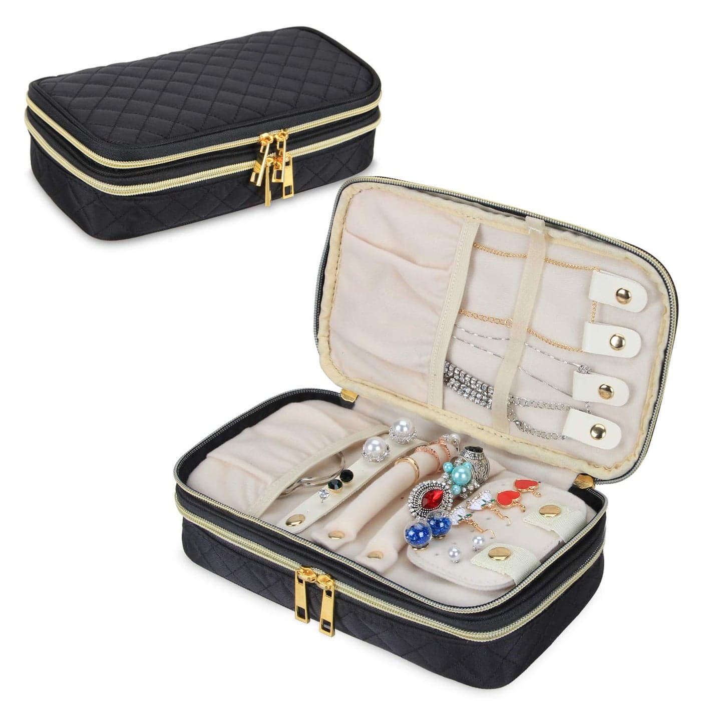 Teamoy Double Layer Jewelry Organizer Quilted Jewelry Travel Case for Rings Necklaces Earrings Bracelets and More BlackBag Only