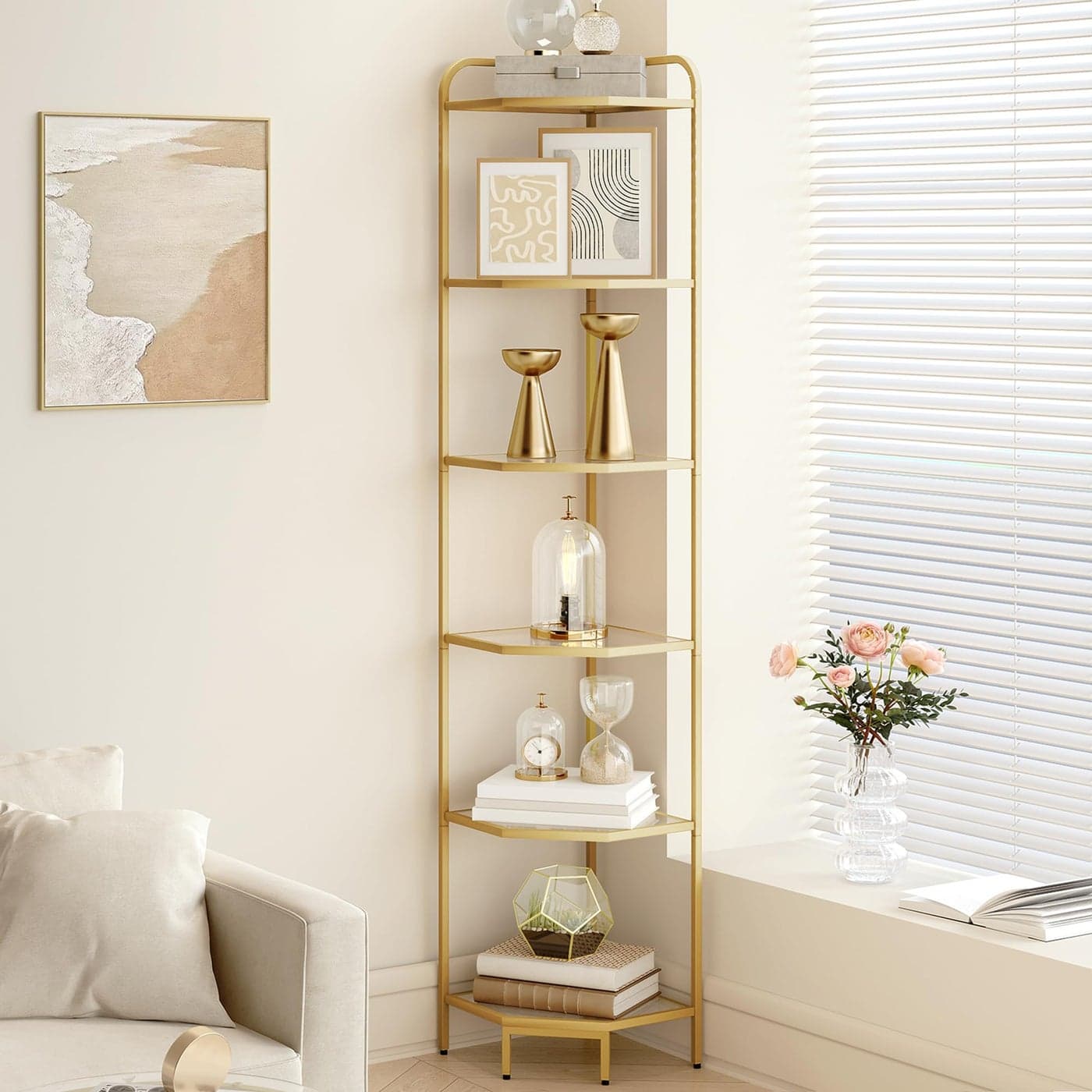 Hzuaneri Corner Shelf Stand Glass Bookshelf Bookcase Bathroom Organizer Plant Stand Steel Frame Tempered Glass Modern Style for Living Room Bathroom Kitchen 6Tier Golden CS90600G