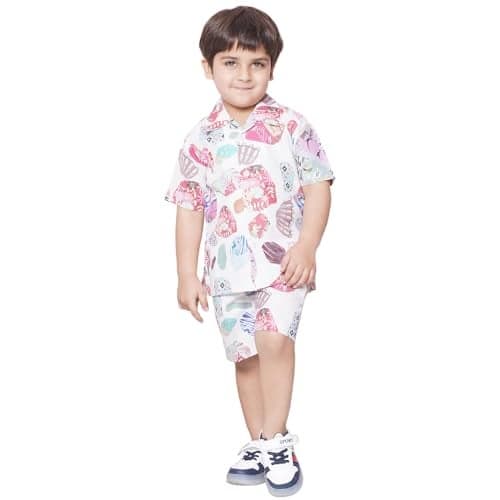 AJ DEZINES Kids Cream Color Cotton Shirt Shorts Half Sleeves Floral Printed CO-ORDS Set for Boys (CO-1002-Cream-1)