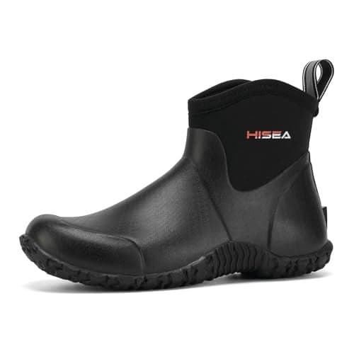 HISEA Men's Rain Boots, Ankle Height Garden Shoes Waterproof Insulated Rubber Neoprene Mud Boots Anti-Slip Outdoor Work Booties for Gardening Farming Camping Fishing and Yard Working, Size 10 Black