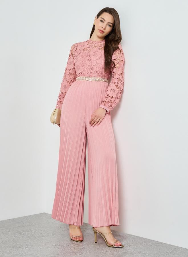 Pink Lace Pleated Wide Leg Jumpsuit