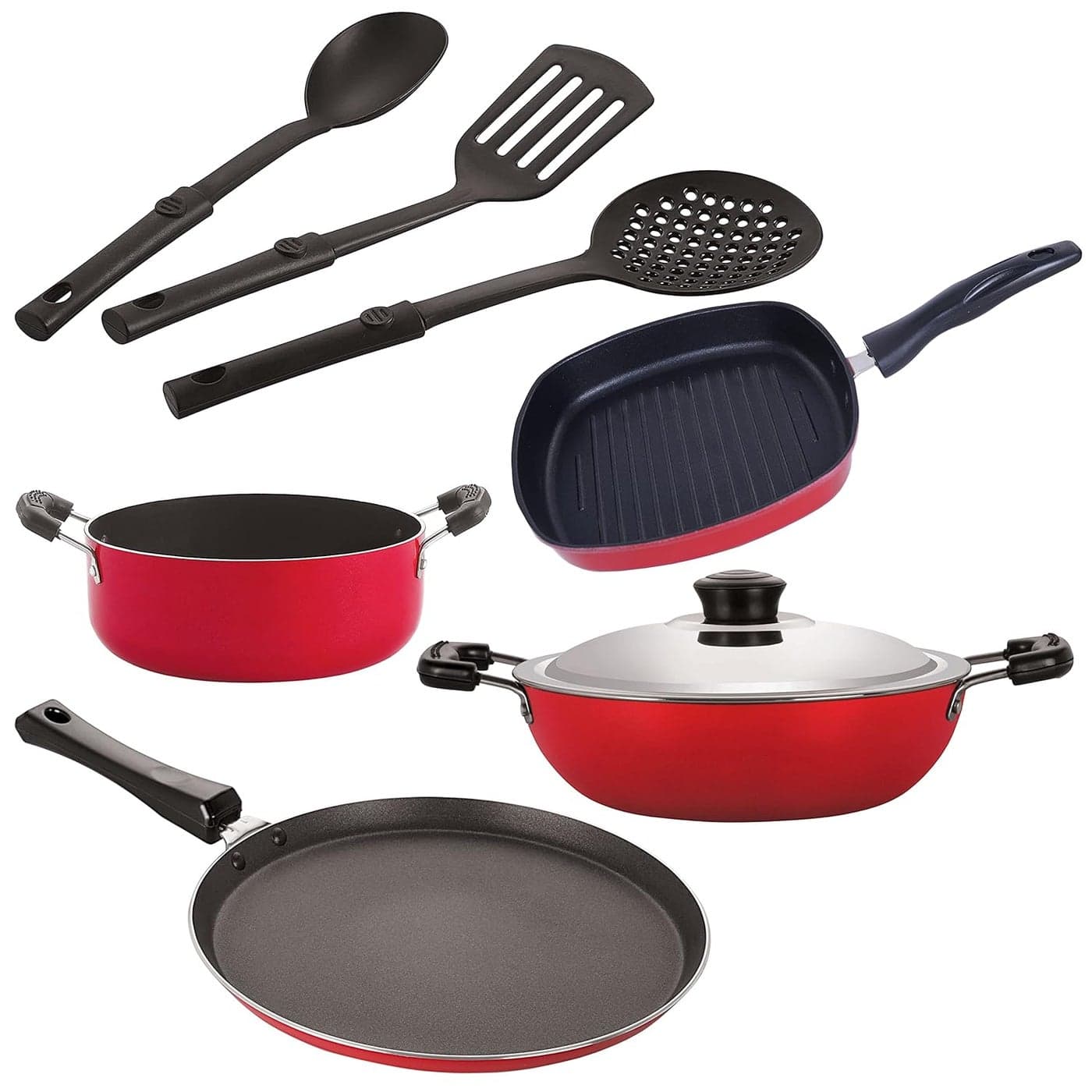 Nirlon Nonstick Coated Aluminium 7 Pcs Set of Deep Kadhai-24cm,Grill Pan-22.5cm,Casserole-22cm,Flat Tawa-27cm & 3 Spoon (2.6mm_DKD(B)_GP(22.5)_Cass22_FT12_3SPN)