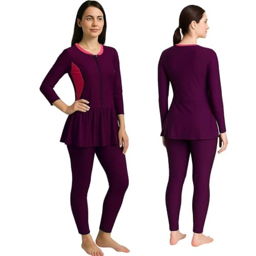 Hacer Frock Style Swimwear with Padde Full Sleeve Bodysuit Swimming Costume Full-Length One Piece Swimsuit for Pool Beach Women (S, 32, Wine)