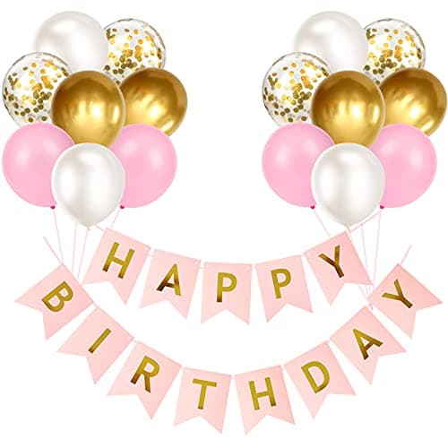 Happy Birthday Banner Bunting Pink and Gold Party Balloons Confetti Latex Balloon Party Banners for Women Girls Birthday Banner Decorations