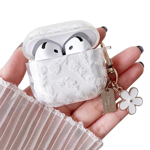 MINSCOSE for with AirPods 4 Clear Case,Cute Flower Floral Aesthetic Design with Flowers Keychain, Soft TPU Protective Shockproof Case for Women Girl for Airpods 4-White