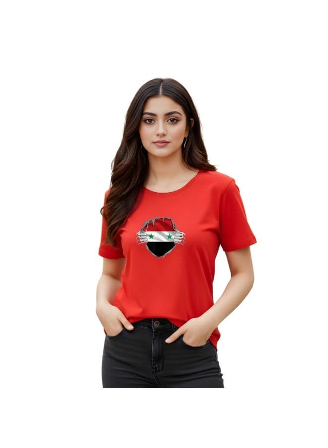 Syria Women's T-Shirt–Red Cotton Tee With Ripped Design Showing Syria Flag Inside–Soft Round Neck Short Sleeve For Sports,Events&Daily Wear