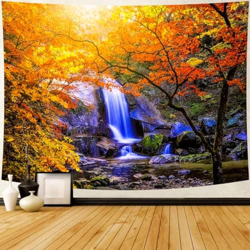Delur Waterfall Tapestry Forest Nature Scenic Tree Mountain Sunset Tapestry Wall Hanging Natural Landscape Sunrise Headboard for Bedroom Living Room Home Decor (51.2" x 59.1")