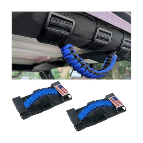 HZEL 2PCS Roll Bar Grab Handles, Oxford Cloth Upgrade Metal Buckle Paracord Grip Handles, Durable and Strong Car Accessories, Compatible with Wrangler JL, JLU, JT, JK, JKU, TJ, LJ and YJ (Blue)