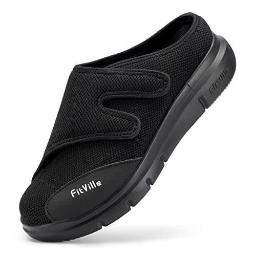 FitVille Diabetic Shoes for Men Slip-On Mules for Swollen Feet Extra Wide Adjustable Clogs Walking Shoes for Plantar Fasciitis Indoors Outdoors (8 X-Wide, Black)