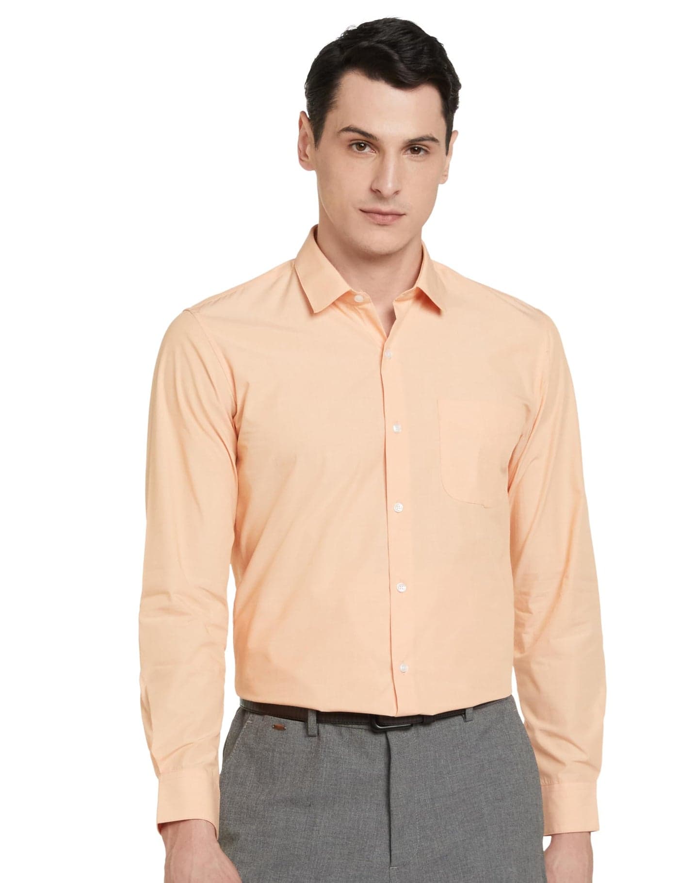 Peter England Men's Everyday Solid Slim Fit Full Sleeve Formal Shirt | Cotton-Rich Light Peach