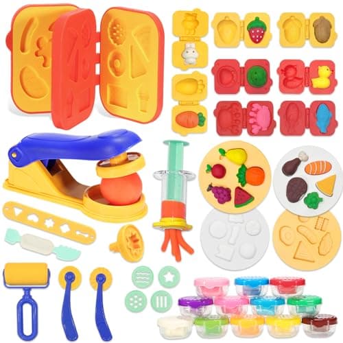 Crelloci Play Color Dough Tools Set Deluxe 41PCS Kitchen Creations Accessories Kit with 12 Cans Dough Stamper Cookbook Food Mold Roller Cutter Extruder Gift for Kids Boys Girls Ages 3