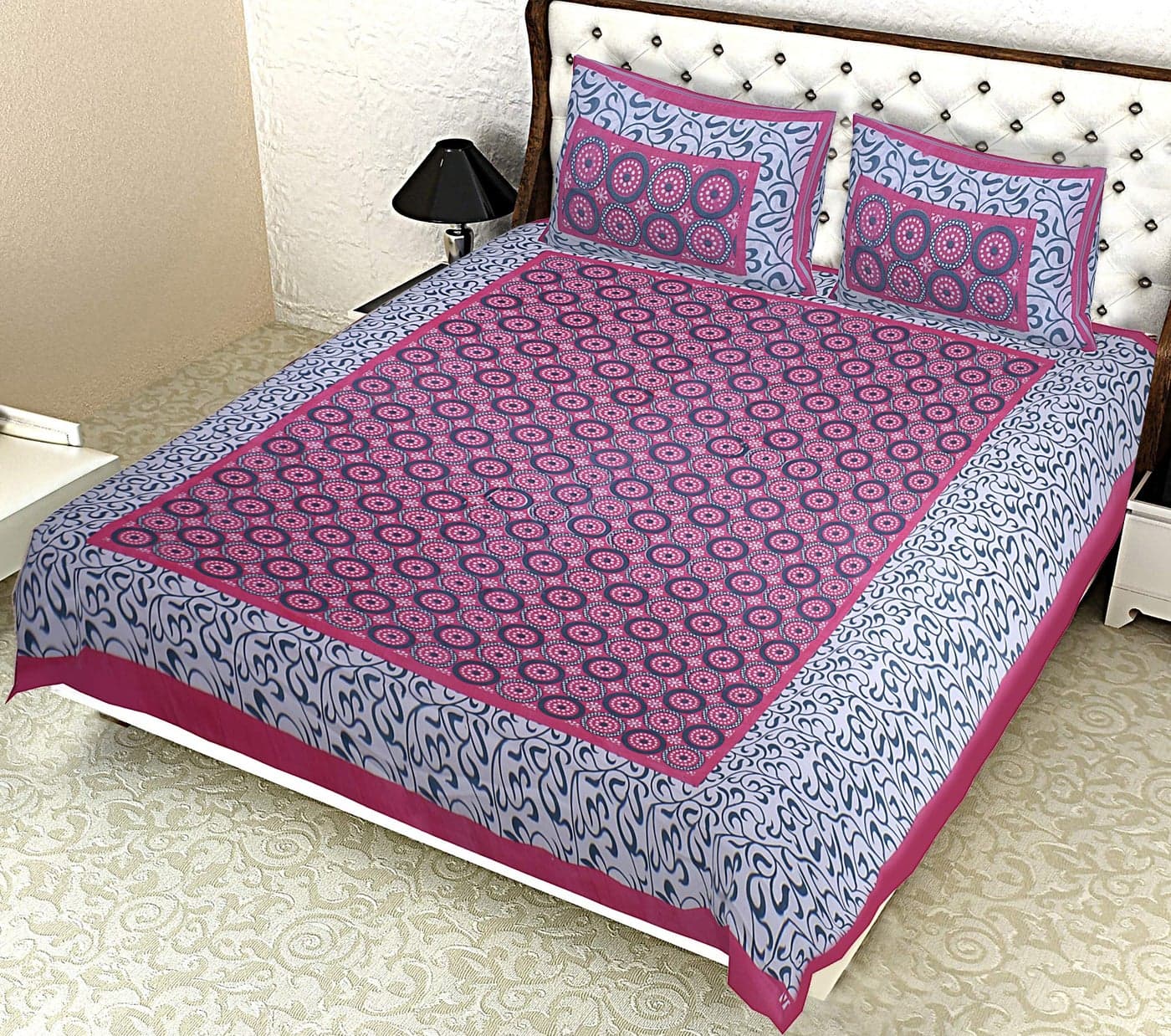 BedZone 100 % Pure Cotton Jaipuri Rajasthani Traditional Double Bedsheet with 2 Pillow Covers - Double (90”x100”)- Pink