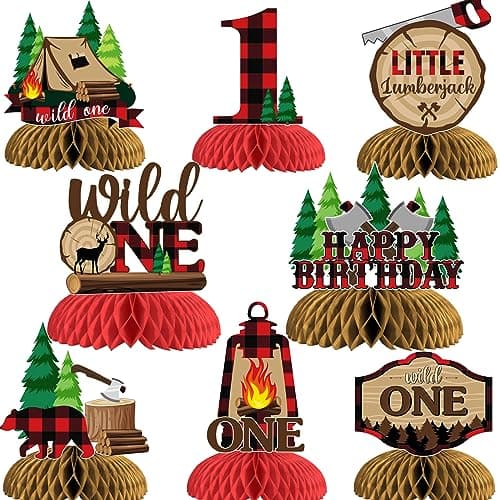 Lumberjack First Birthday Decorations 8PCS Wild One Lumberjack Honeycomb Centerpieces Buffalo Plaid Hunting Camping Bear Adventure Woodland 1st Birthday Decorations for Boys