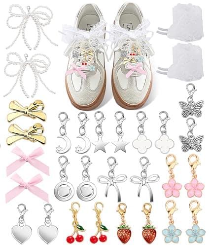 Yawlsow 30 Pcs Shoe Charms for Sneakers Junk Charm for Women with Ribbon Lace Shoelaces, Clips, Lobster Clasps, Pins, Bows, Pearl Charms Accessories Bulk for Bag Hat Fashion