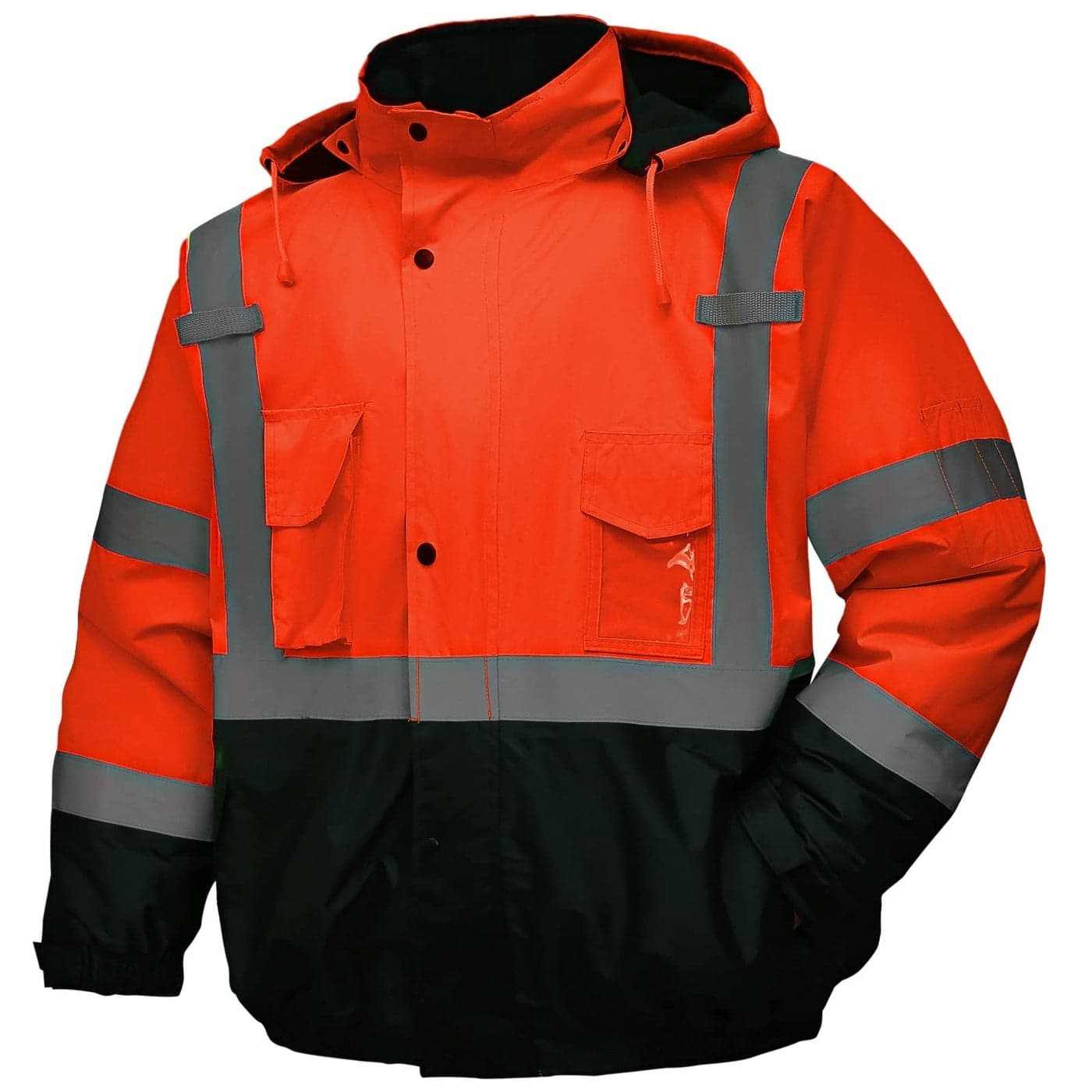 DPSAFETY Safety jacket for menReflective high Visibility Hooded jacketHiVis Bomber Jacket with Pockets and ZipperWaterproofBlack BottomANSIISEA 1072020 Type R Class 3Orange