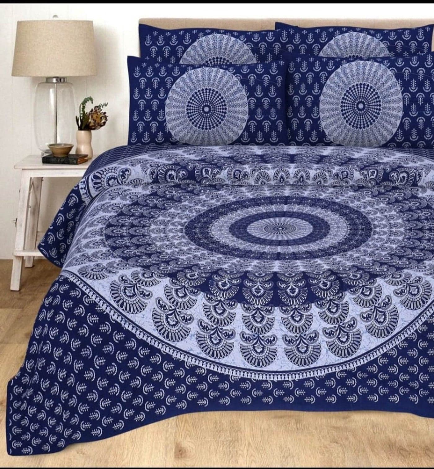 BedZone 120 TC Cotton Blend Mandala Printed Jaipuri Bedsheet for Double Bed King Size with 2 Pillow Covers, Blue