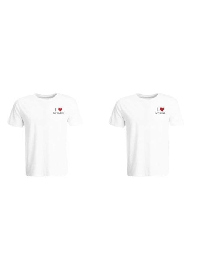 Couple Embroidered (White) Cotton T-shirt (I Love My King & Queen) Personalized Round Neck T-shirt (Medium)-Set of 2 pcs-190 GSM