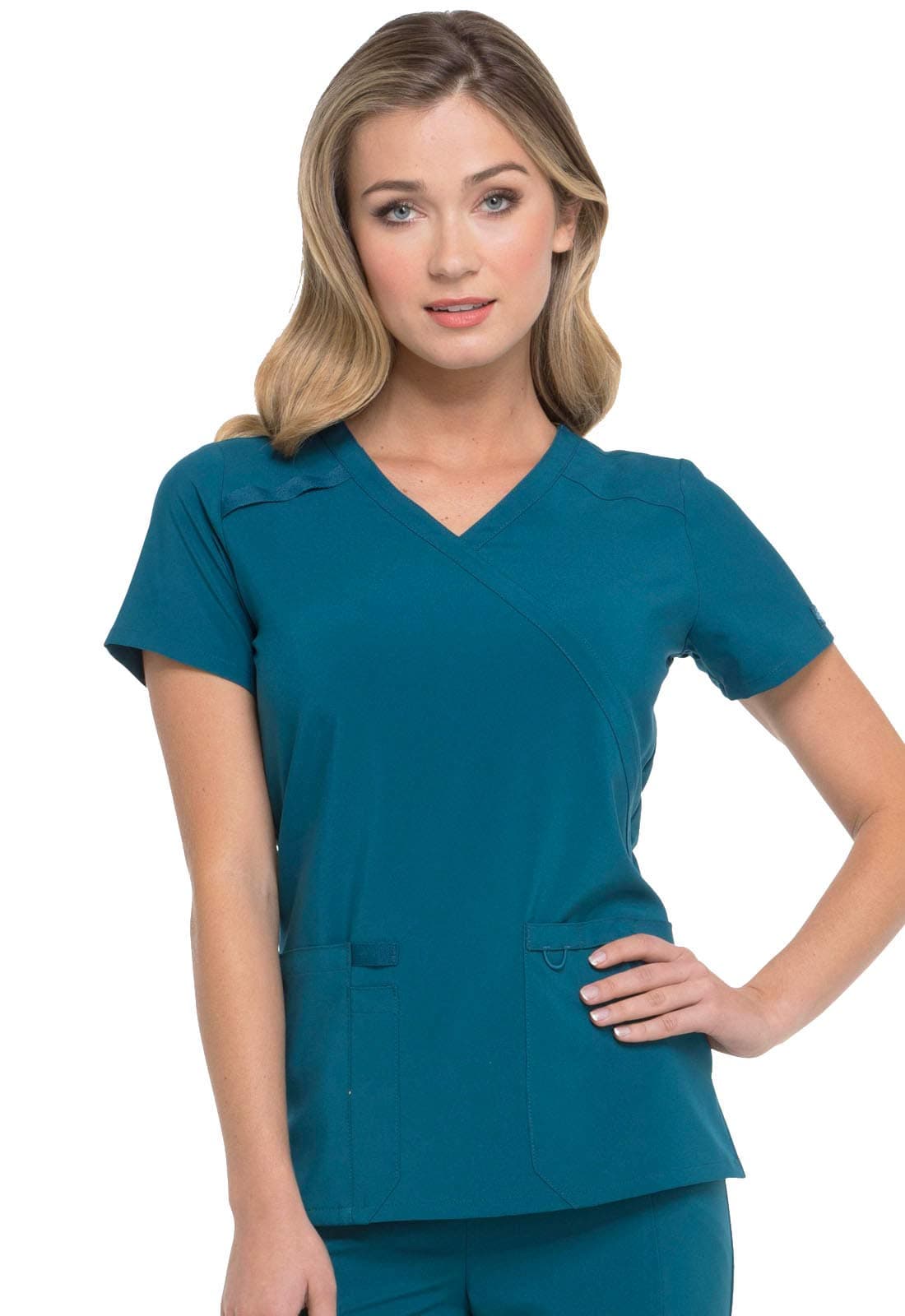 Dickies EDS Essentials, Mock Wrap Top Scrubs for Women with Four-Way Stretch and Moisture Wicking DK625, M, Caribbean Blue