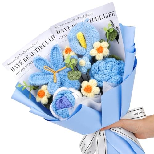 Kogyxe Crochet Flowers Bouquet, Handmade Crochet Flowers Knitted Bouquet, Tulips Flower Bouquet and Calla Lily for Valentine Flowers, Gifts for Women, Birthday (Blue)