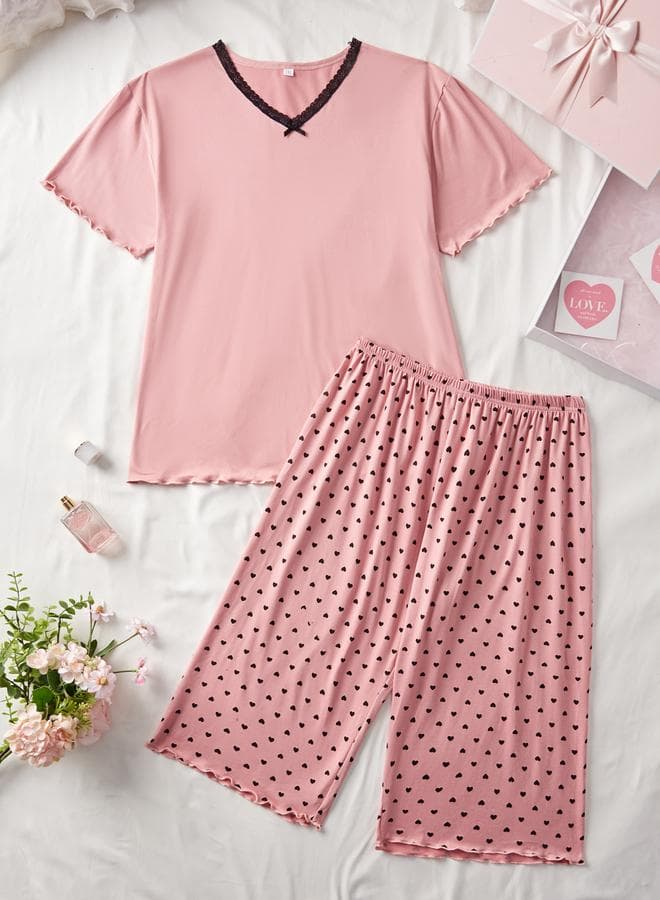 Plus Size V Neck Top and Heart Print Shorts Set