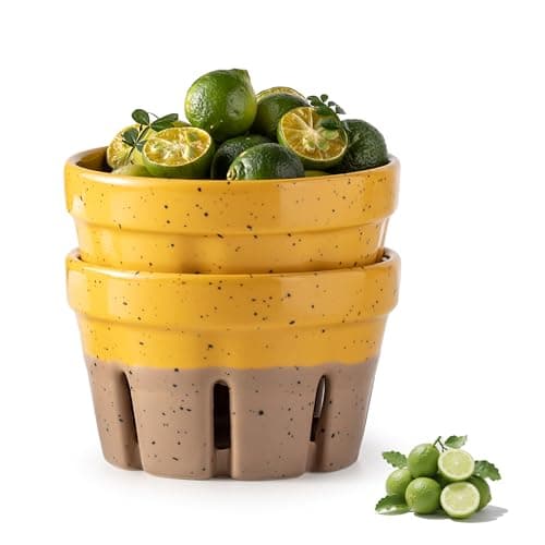 Gomakren Ceramic Berry Basket Set of 2, Round Fruit Bowls with Holes, Fruit Storage Containers for Fridge, Rustic Fruit Basket for Kitchen, Berries, Strawberry, Grape, Cherry, Yellow + Brown